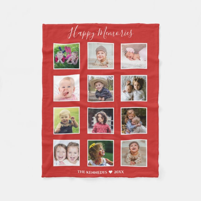 Create Your Own 12 Family Photo Collage Red Fleece Blanket (Front)
