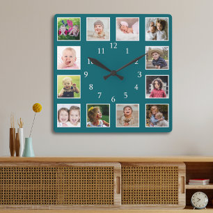 Create Your Own 12 Family Photo Collage Teal Square Wall Clock