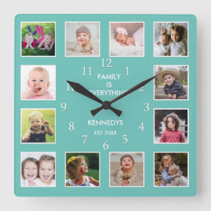 Create Your Own 12 Family Photo Collage Teal Square Wall Clock