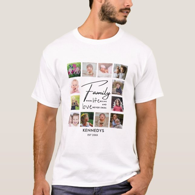 Create Your Own 12 Photo Collage Family Name Quote T-Shirt (Front)