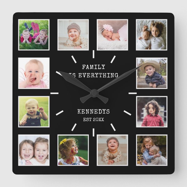 Create Your Own 12 Photo Collage Family Quote  Square Wall Clock (Front)