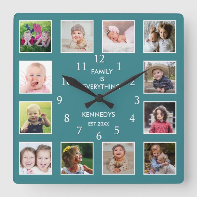 Create Your Own 12 Photo Collage Frame Green Square Wall Clock (Front)