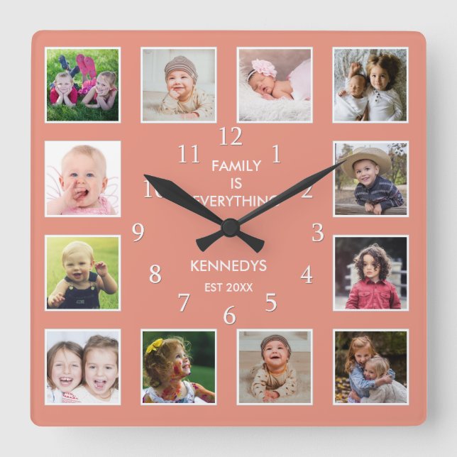 Create Your Own 12 Photo Collage Frame Peach Square Wall Clock (Front)