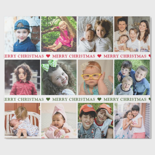 Create Your Own 12 Photo Collage Merry Christmas Wrapping Paper (Flat)