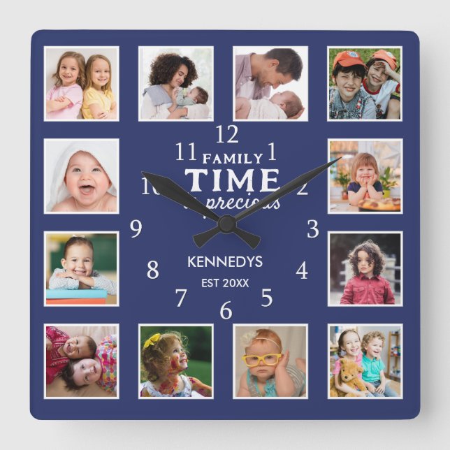 Create Your Own 12 Photo Family Time Quote Blue Square Wall Clock (Front)