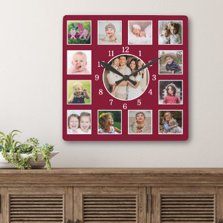 Create Your Own 13 Family Photo Collage Burgundy Square Wall Clock