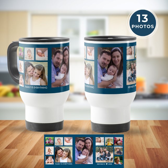 Create Your Own 13 Family Photo Collage Ocean Blue Travel Mug (Create Your Own 13 Family Photo Collage Ocean Blue Travel Mug
)