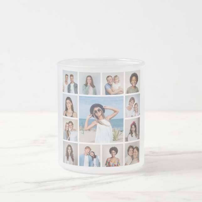 Create Your Own 13 Photo Collage Frosted Glass Coffee Mug (Center)