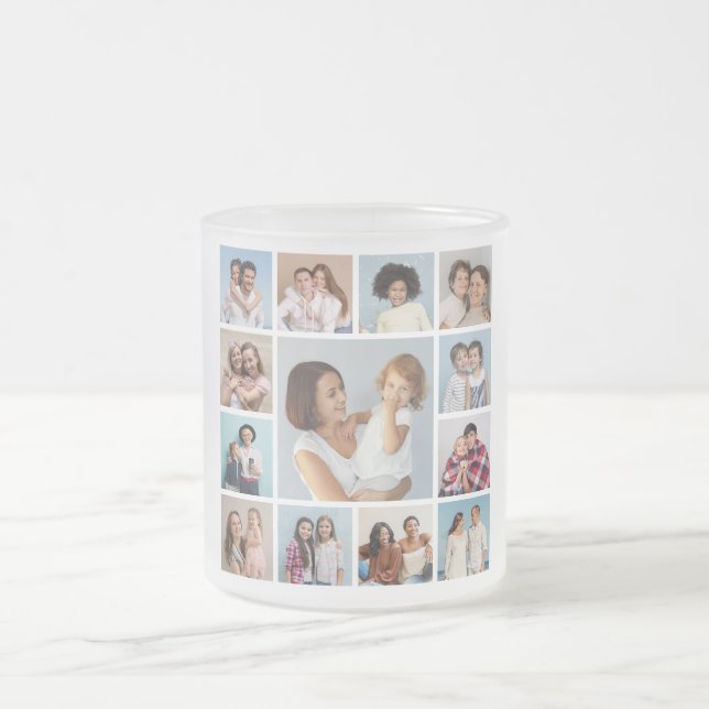 Create Your Own 13 Photo Collage Frosted Glass Coffee Mug (Center)
