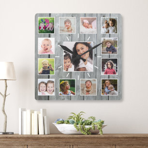 Create Your Own 13 Photo Collage Grey Wood Square Wall Clock