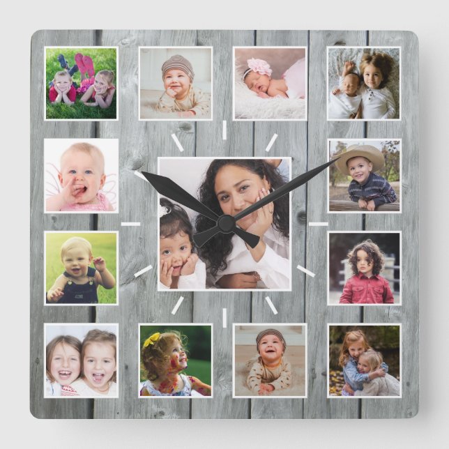 Create Your Own 13 Photo Collage Grey Wood Square Wall Clock (Front)