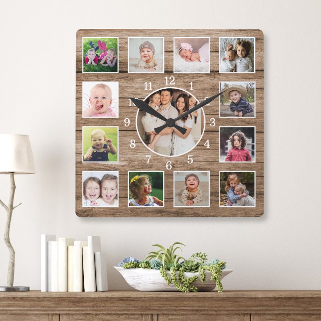 Create Your Own 13 Photo Collage Rustic Barn Wood  Square Wall Clock (Creator Uploaded)