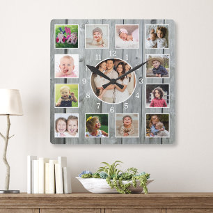 Create Your Own 13 Photo Collage Rustic Grey Wood Square Wall Clock