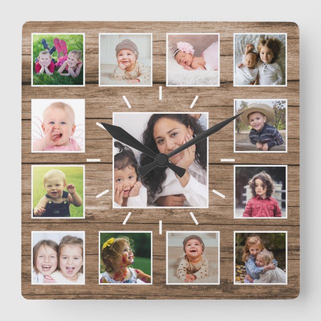Create Your Own 13 Photo Collage  Rustic Wood Square Wall Clock (Front)
