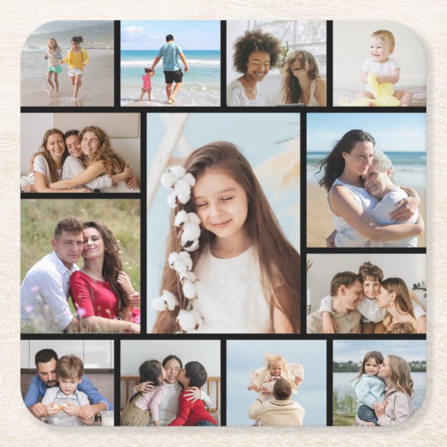 Create Your Own 13 Photo Collage Square Paper Coaster (Front)