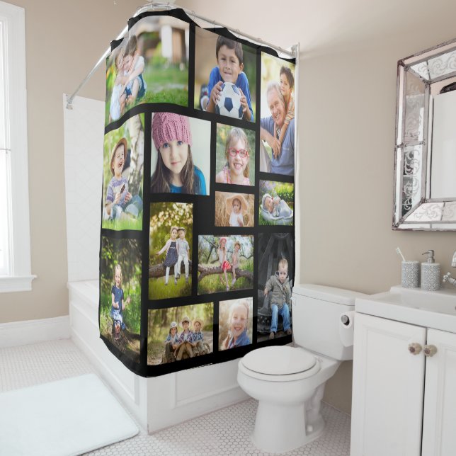 Create Your Own 14 Photo Collage Black Modern Shower Curtain (In Situ)