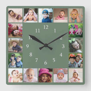 Create Your Own 16 Family Photo Collage  Green  Square Wall Clock
