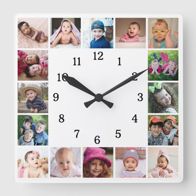 Create Your Own 16 Family Photo Collage White Square Wall Clock (Front)