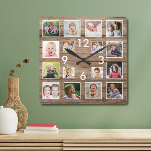 Create Your Own 16 Family Photo Collage Wood Square Wall Clock