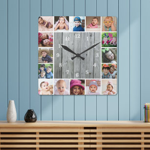 Create Your Own 16 Photo Collage Rustic Grey Wood Square Wall Clock