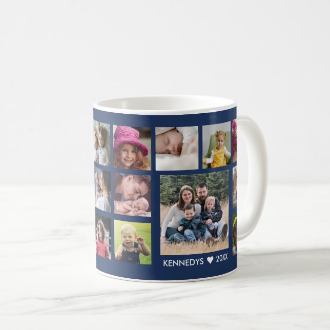 Create Your Own 18 Family Photo Collage Blue Coffee Mug (Front Right)