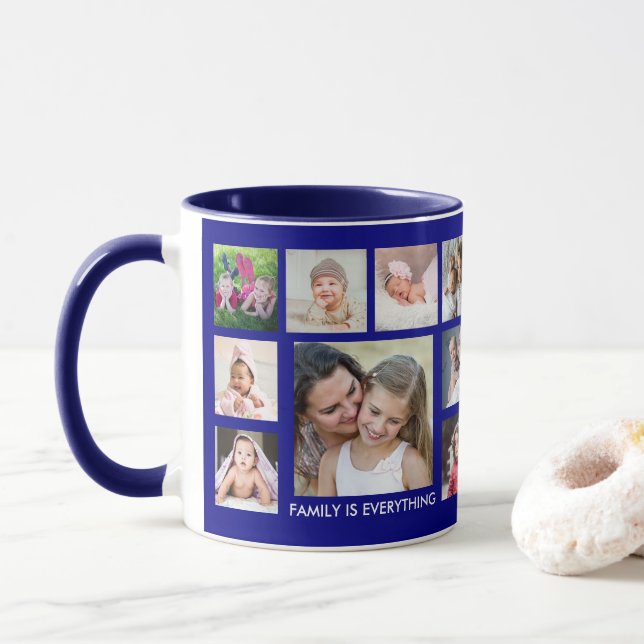 Create Your Own 18 Family Photo Collage Navy Blue Mug (With Donut)