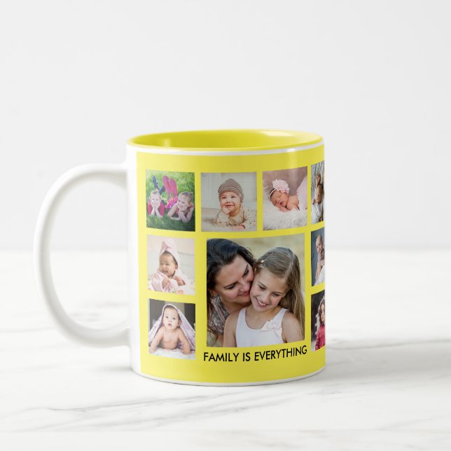 Create Your Own 18 Family Photo Collage Yellow Two-Tone Coffee Mug (Left)