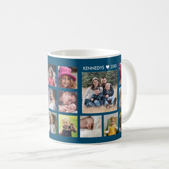 Create Your Own 18 Photo Collage Family Name Blue Coffee Mug (Front Right)