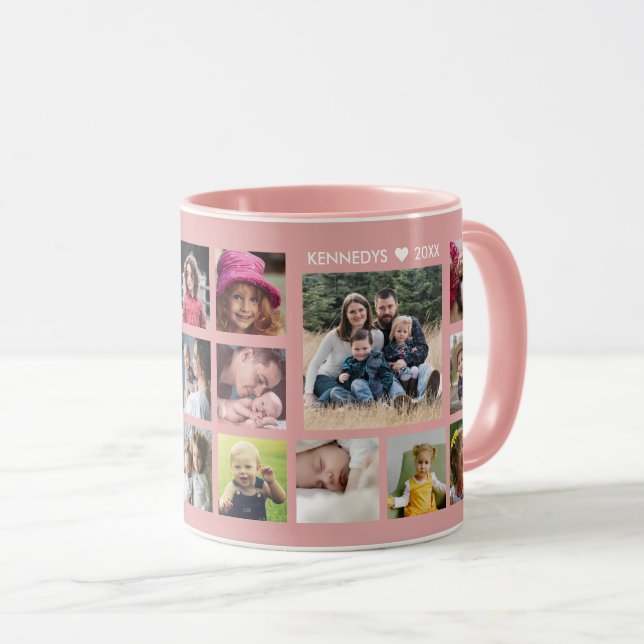 Create Your Own 18 Photo Collage Family Name Pink Mug (Front Right)