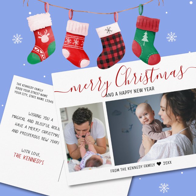 Create Your Own 2 Family Photo Red Merry Christmas Holiday Postcard (Create Your Own 2 Family Photo Red Merry Christmas Holiday Postcard)