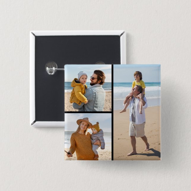 Create Your Own 3 Photo Collage 15 Cm Square Badge (Front & Back)