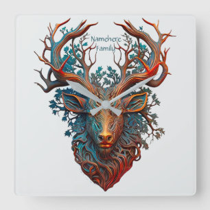 Create Your Own 3D Faux Bois Golden Carved Stag Square Wall Clock