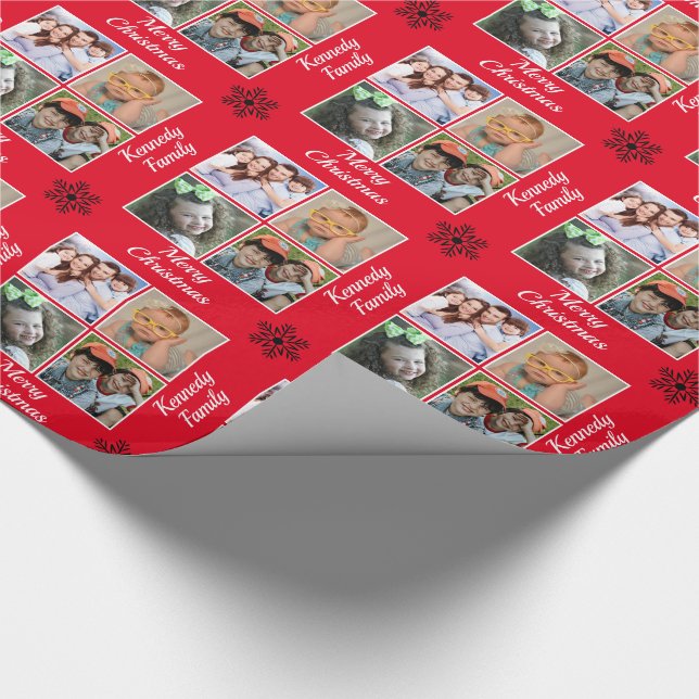 Create Your Own 4 Family Photo Red Merry Christmas Wrapping Paper (Corner)