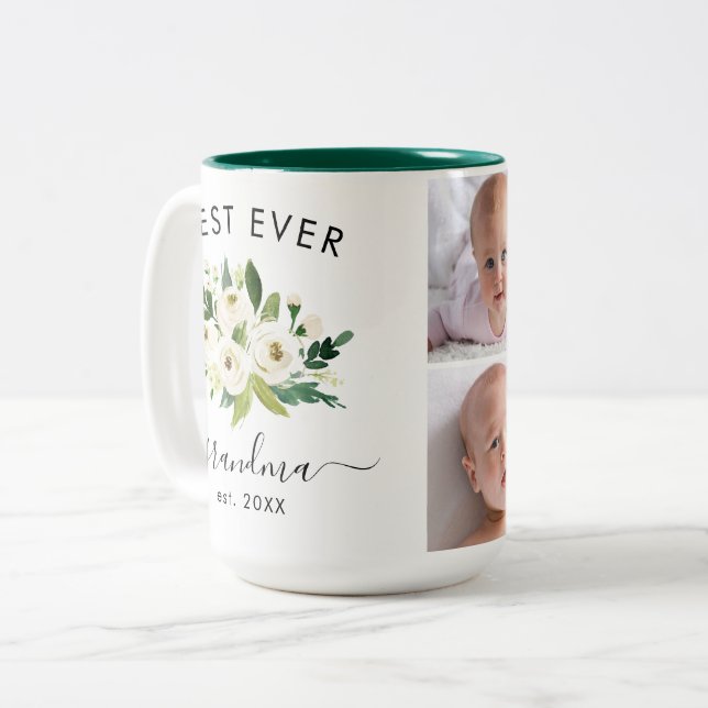 Create Your Own 4 Photo Best Ever Grandma Floral  Two-Tone Coffee Mug (Front Left)