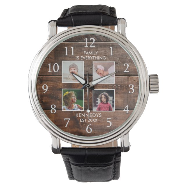Create Your Own 4 Photo Collage Family Name Wood Watch (Front)