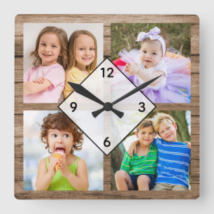Create Your Own 4 Photo Collage Rustic Wood Square Wall Clock