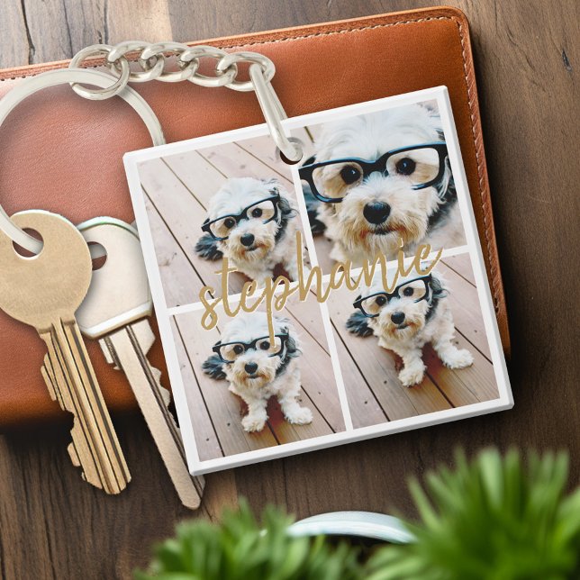 Create Your Own 4 Photo Collage - Script Name Key Ring (Personalized keychain with photo collage and monogram)