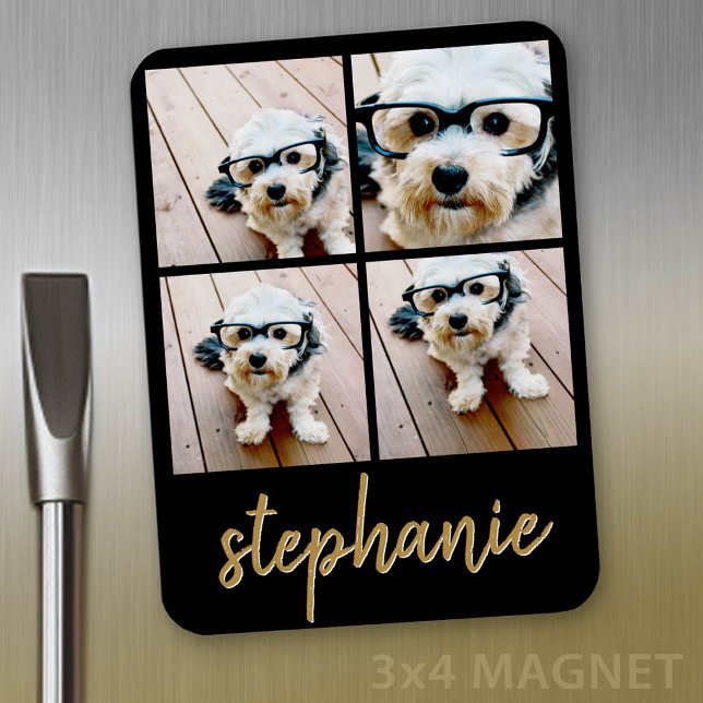 Create Your Own 4 Photo Collage - Script Name Magnet (Personalized fridge magnet - add photos and custom text)