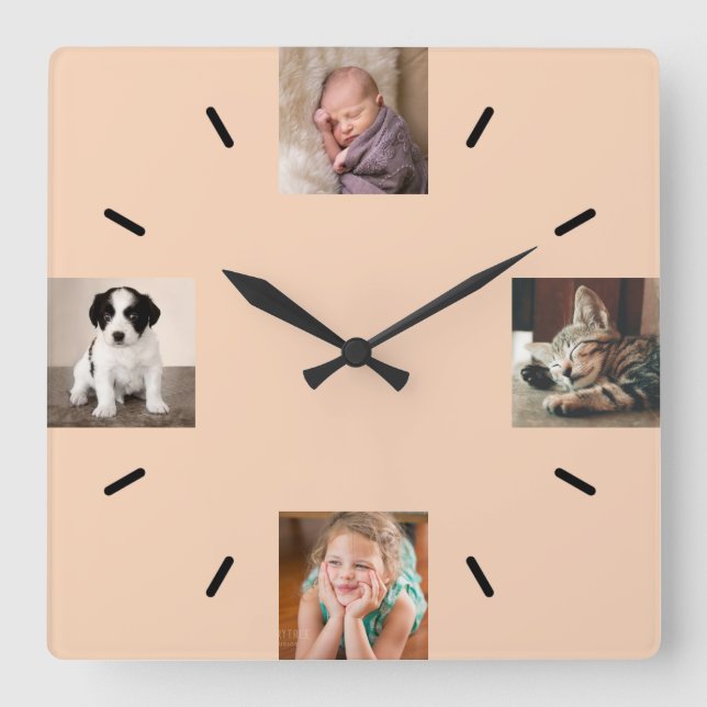 Create Your Own 4 Photo Modern Peach Square Wall Clock (Front)
