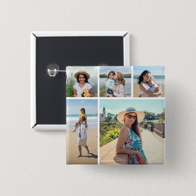 Create Your Own 5 Photo Collage 15 Cm Square Badge (Front & Back)