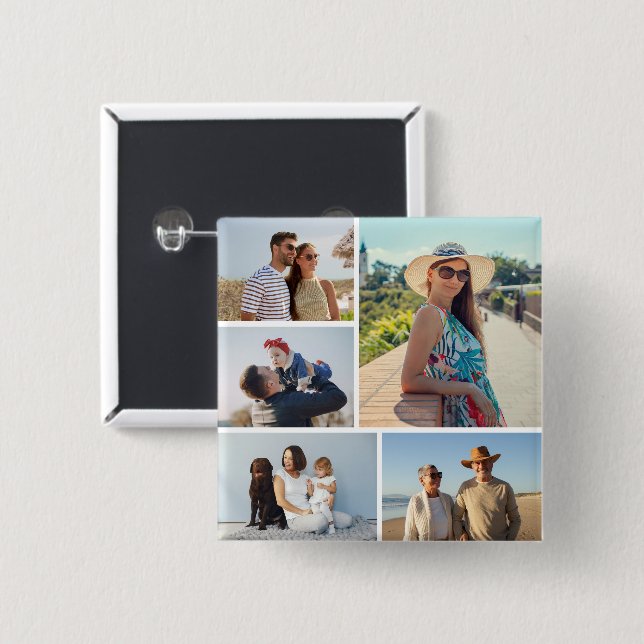 Create Your Own 5 Photo Collage 15 Cm Square Badge (Front & Back)