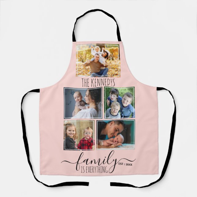 Create Your Own 5 Photo Collage Family Name Pink Apron (Front)