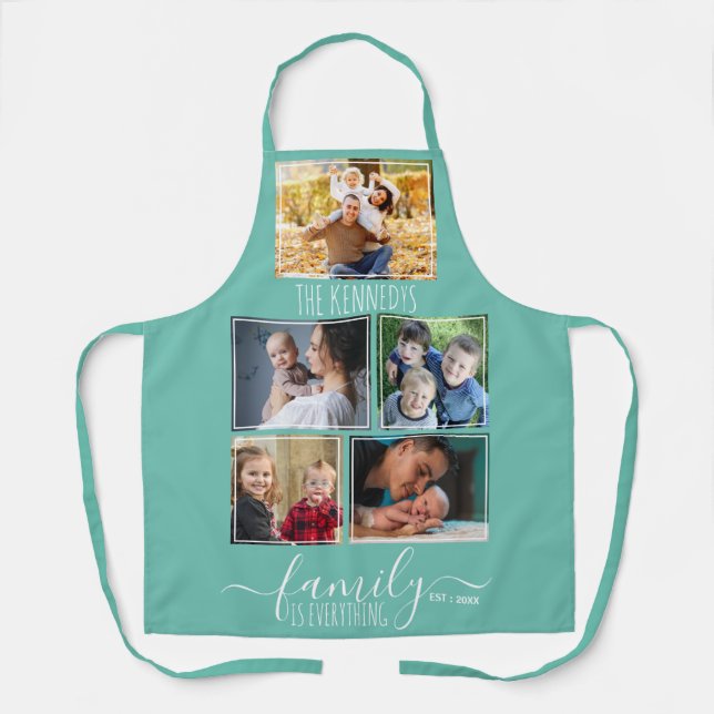 Create Your Own 5 Photo Collage Family Quote Teal Apron (Front)