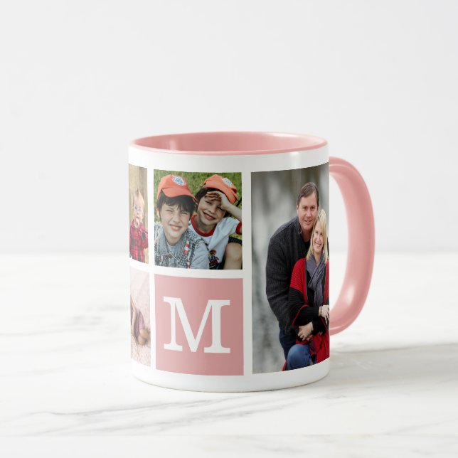 Create Your Own 5 Photo Collage Monogrammed Pink  Mug (Front Right)