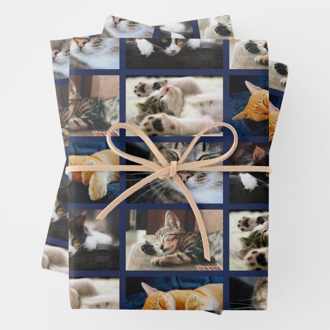 Create Your Own 5 Photo Collage Navy Blue Border Wrapping Paper Sheet (In situ)
