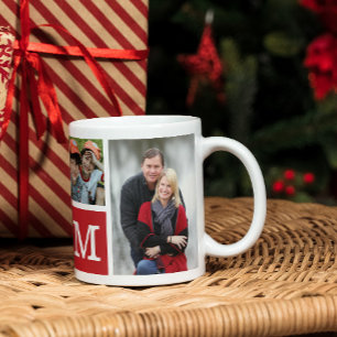 Create Your Own 5 Photo Collage Red Monogrammed Coffee Mug