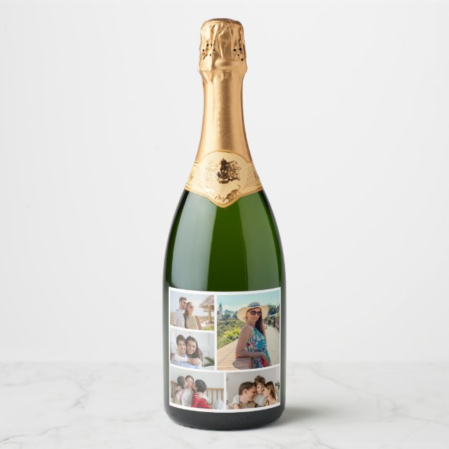 Create Your Own 5 Photo Collage Sparkling Wine Label (Front)