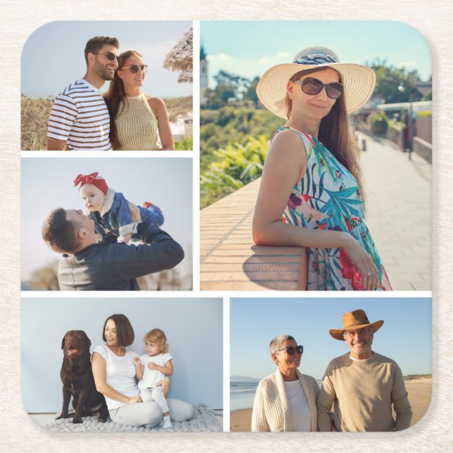 Create Your Own 5 Photo Collage Square Paper Coaster (Front)