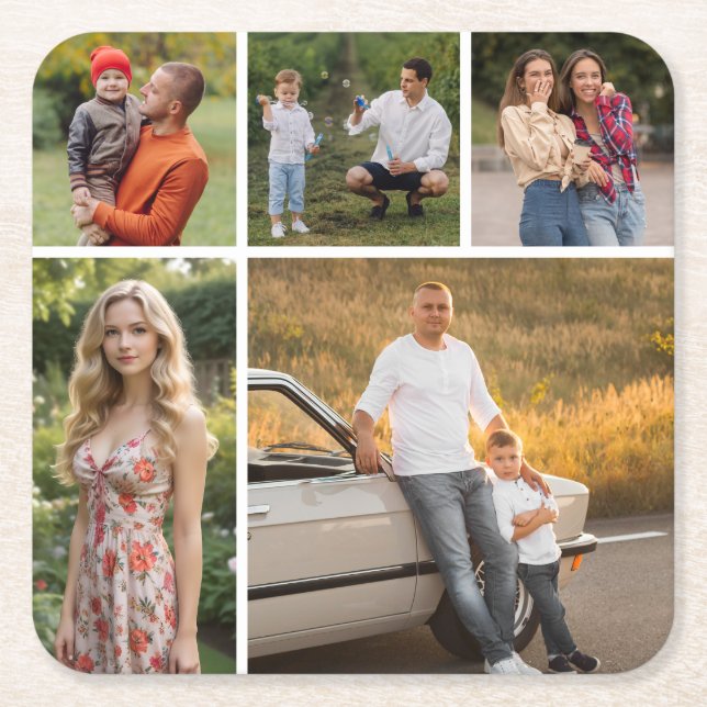Create Your Own 5 Photo Collage Square Paper Coaster (Front)