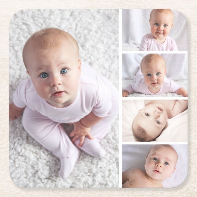 Create Your Own 5 Photo Personalised  Square Paper Coaster (Front)